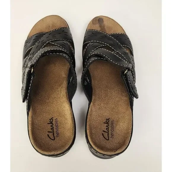 Clarks Bendables Wedge Open Toe Black Sandals Adjust Strap Leather Size 8.5M - Picture 2 of 8